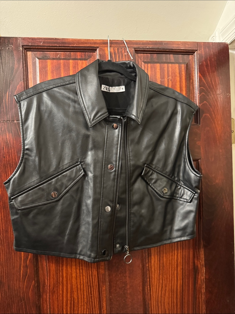 Zara Black Leather Cropped Vest with Front Zip